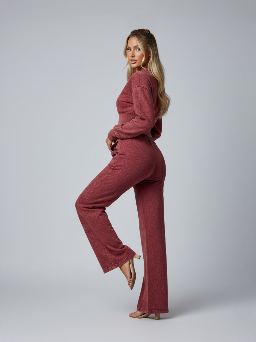 Acid Wash Cropped Top & Wide Leg Trouser Tracksuit - Julietta