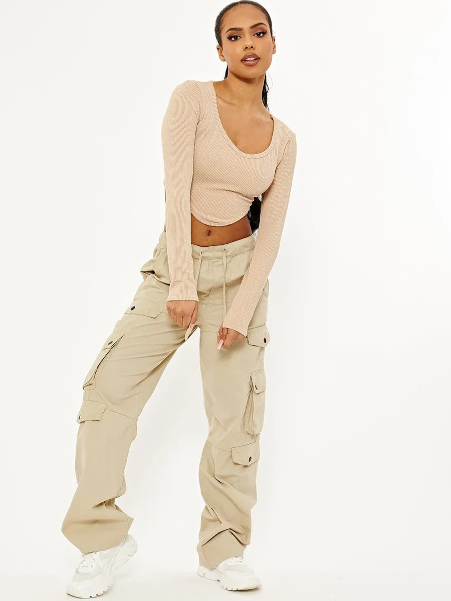 Beige Wide Leg Combat Cargo Trousers - Adley - Storm Desire