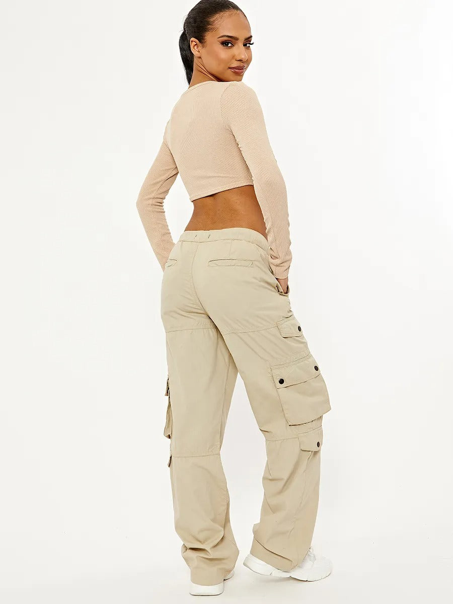 Beige Wide Leg Combat Cargo Trousers - Adley - Storm Desire
