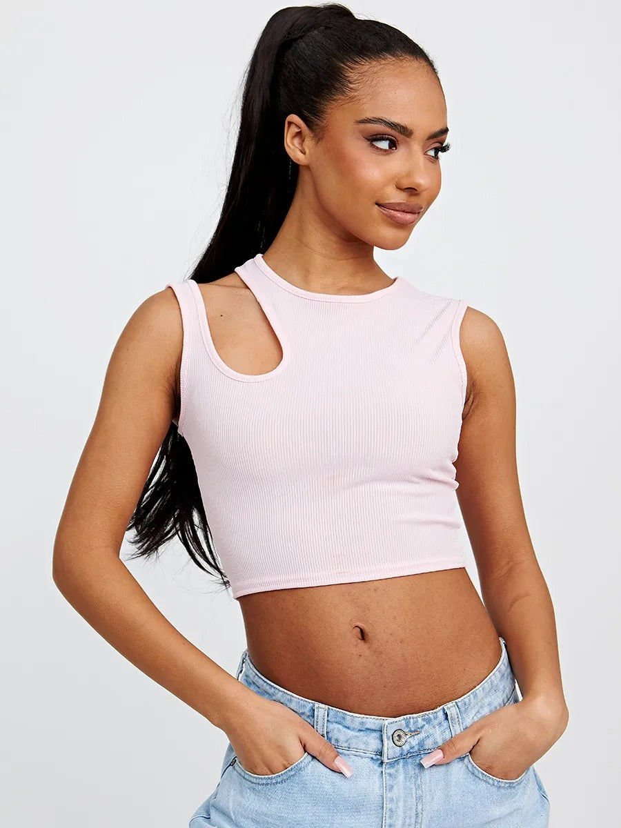 Pink Cut Out Shoulder Ribbed Crop Top - Amira - Storm Desire
