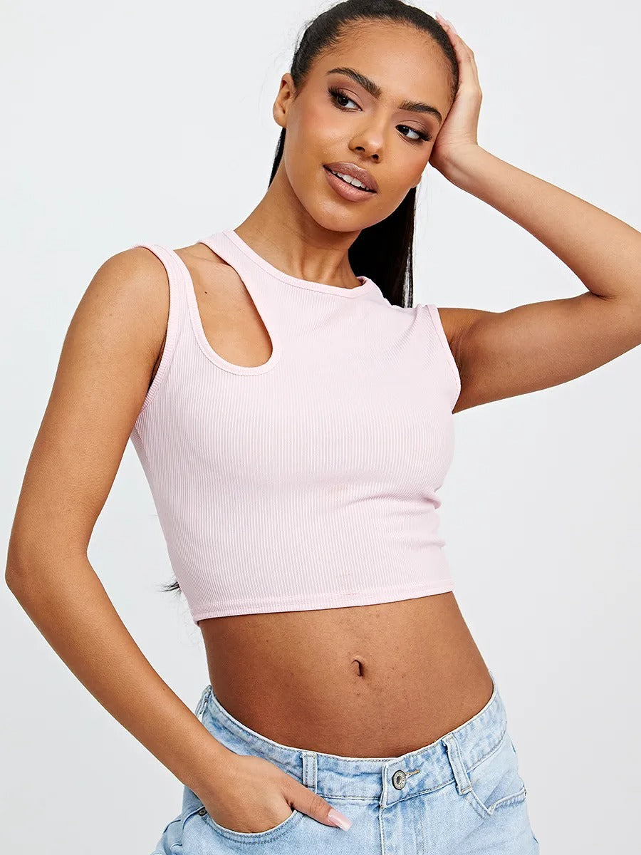 Pink Cut Out Shoulder Ribbed Crop Top - Amira - Storm Desire