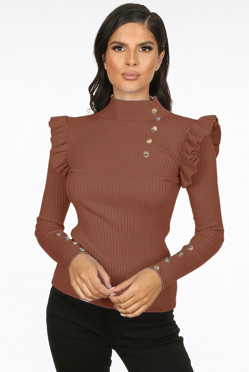 Brown Gold Button Frill Ribbed Jumper - Arya - Storm Desire