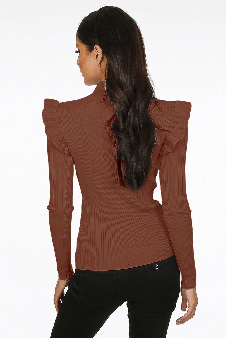 Brown Gold Button Frill Ribbed Jumper - Arya - Storm Desire