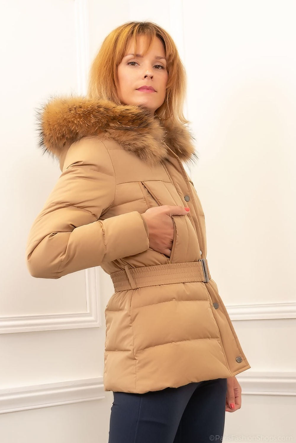 Beige Natural Fur Hood Puffer Jacket - Karter - Storm Desire