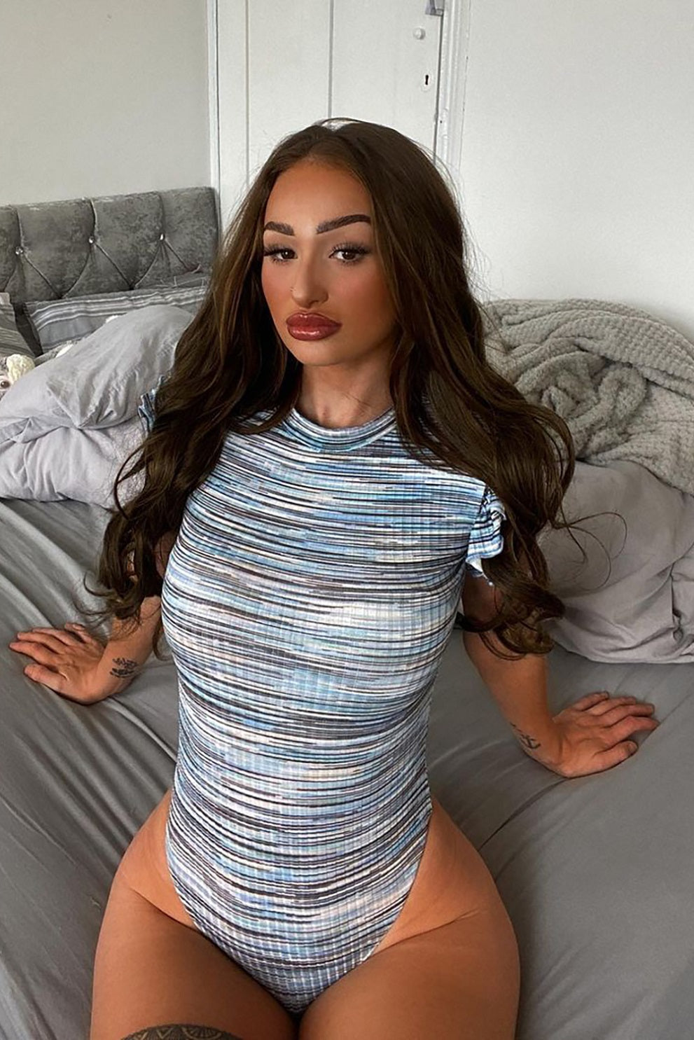 Blue Multi Coloured Ribbed Bodysuit - Ryleigh - Storm Desire