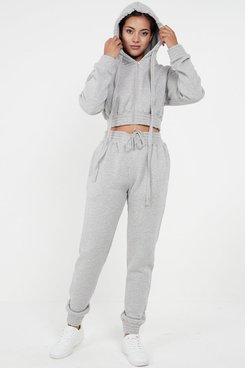 Grey Crop Zip Hooded Loungewear - Valentina - Storm Desire