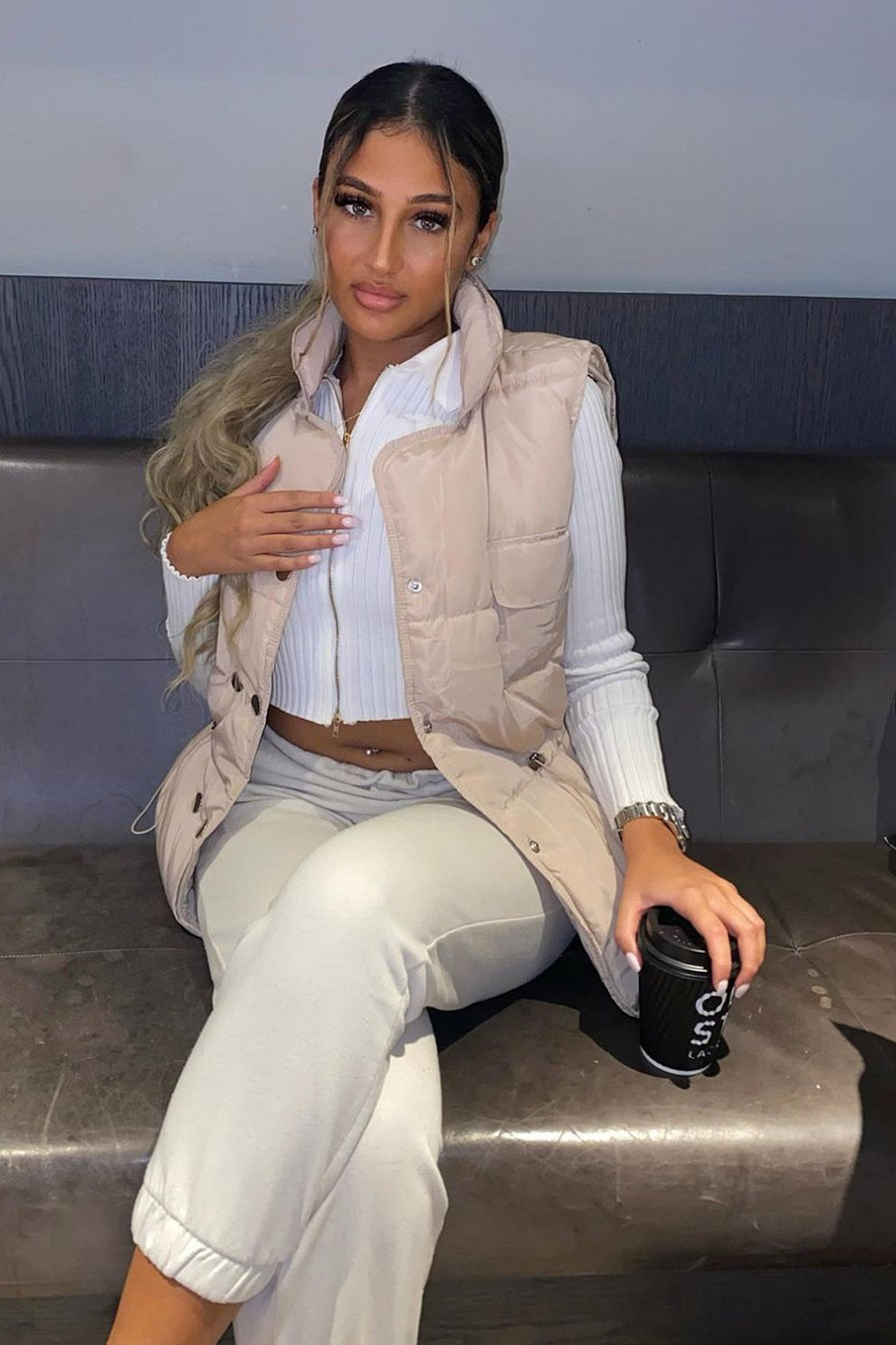 Beige Short Silver Button Padded Gilet - Jordan - Storm Desire
