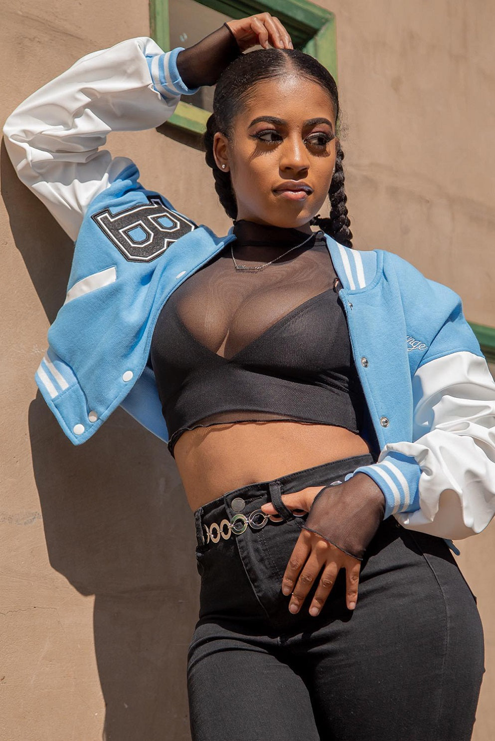 Blue Varsity  B Slogan Crop Baseball Jacket - Yasmin - Storm Desire