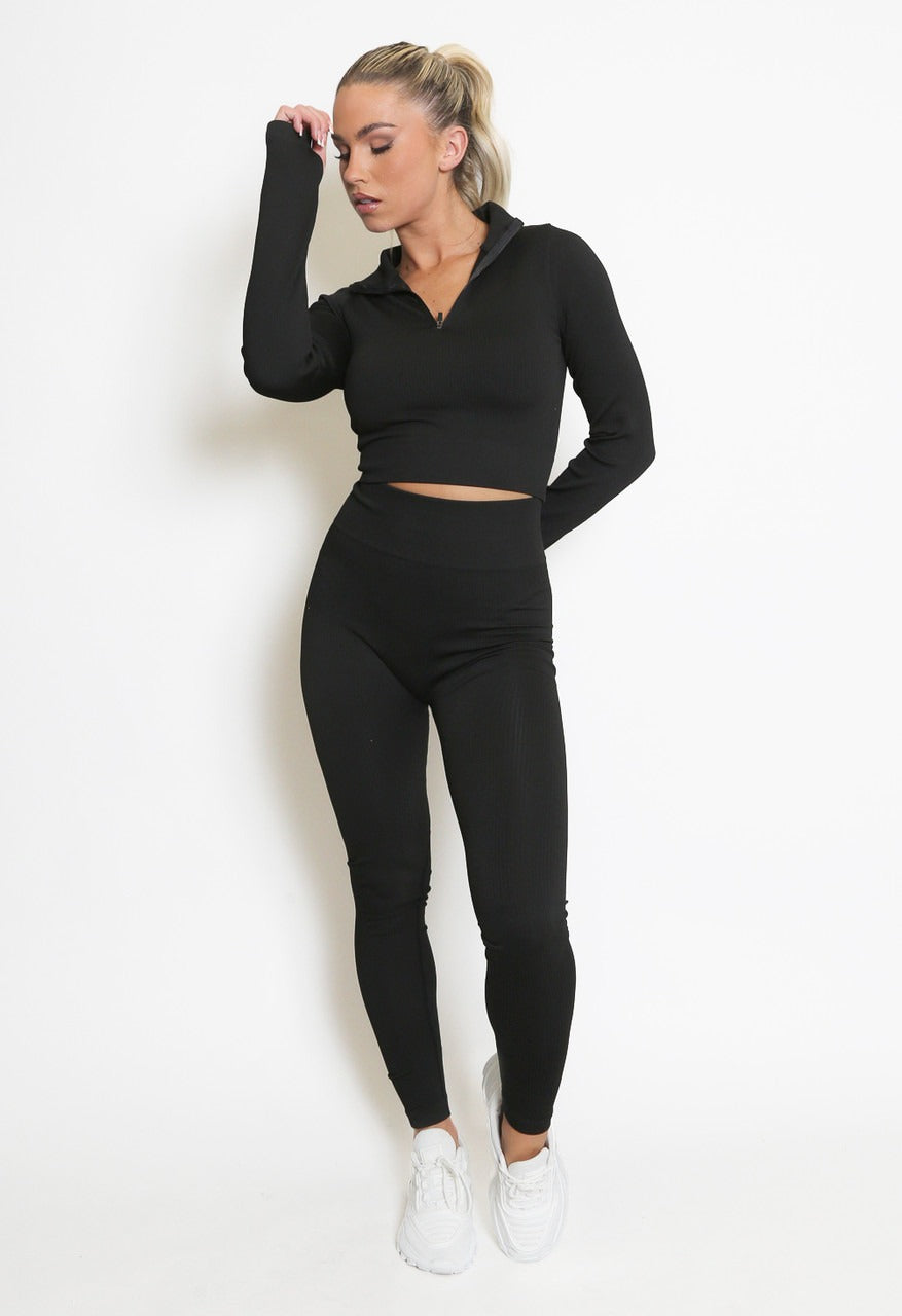 Ribbed Zip Top & Leggings Gym Set - Ruby - Storm Desire