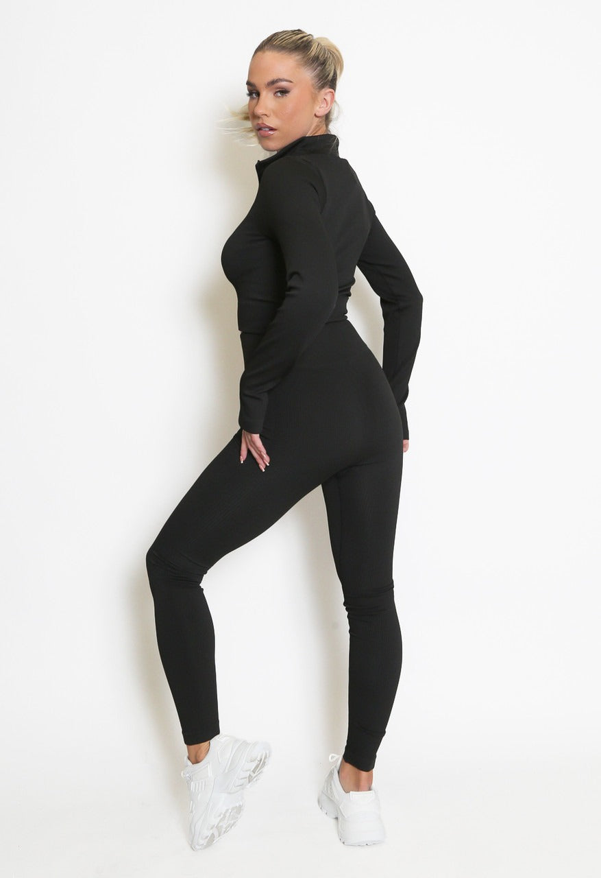 Ribbed Zip Top & Leggings Gym Set - Ruby - Storm Desire