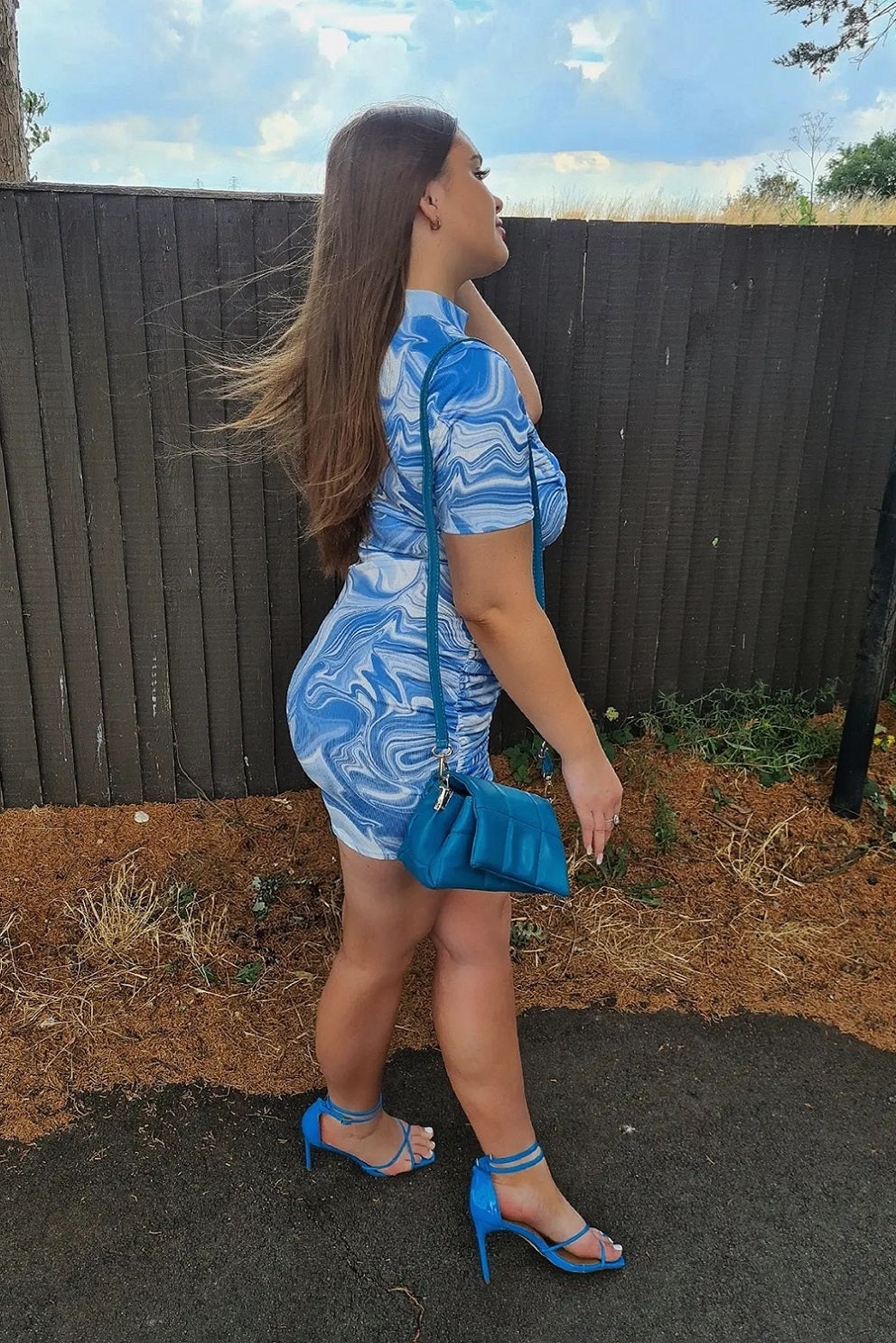 Blue Marble Print Ribbed Ruched Dress - Malayah - Storm Desire