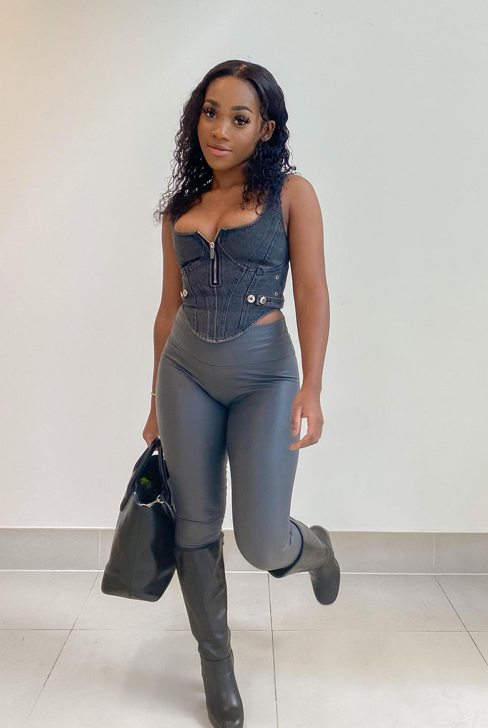 Grey High Waist Sleek PU Matt Leggings - Livia - Storm Desire