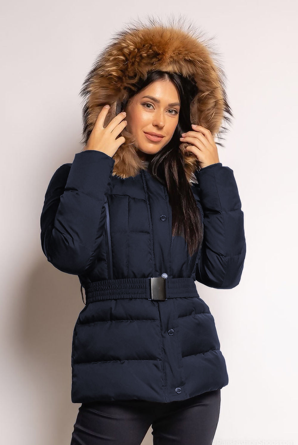Navy Blue Natural Fur Hood Attentif Puffer Jacket - Karter - Storm Desire