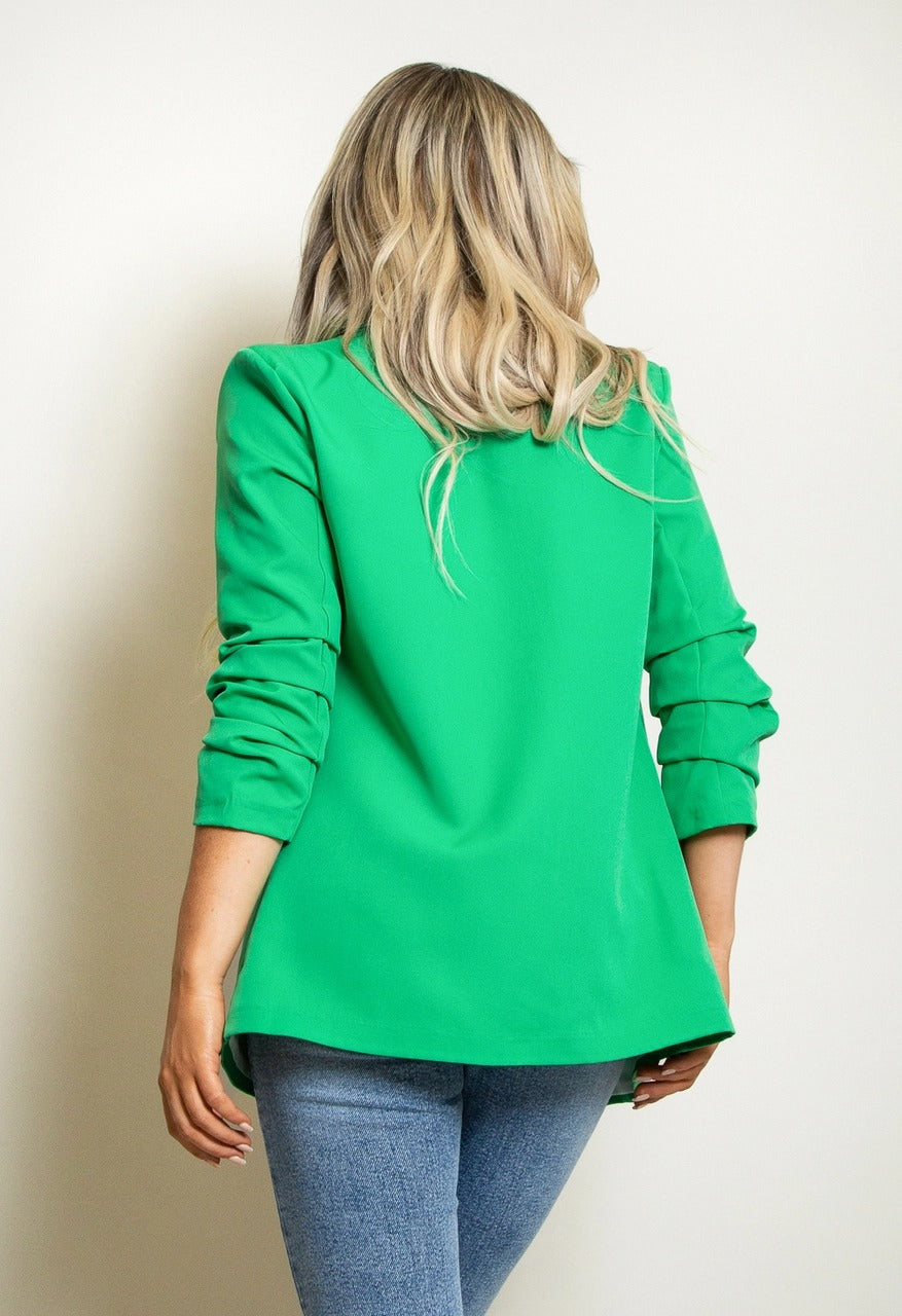 Green Ruched Sleeve Open Blazer - Renata - Storm Desire