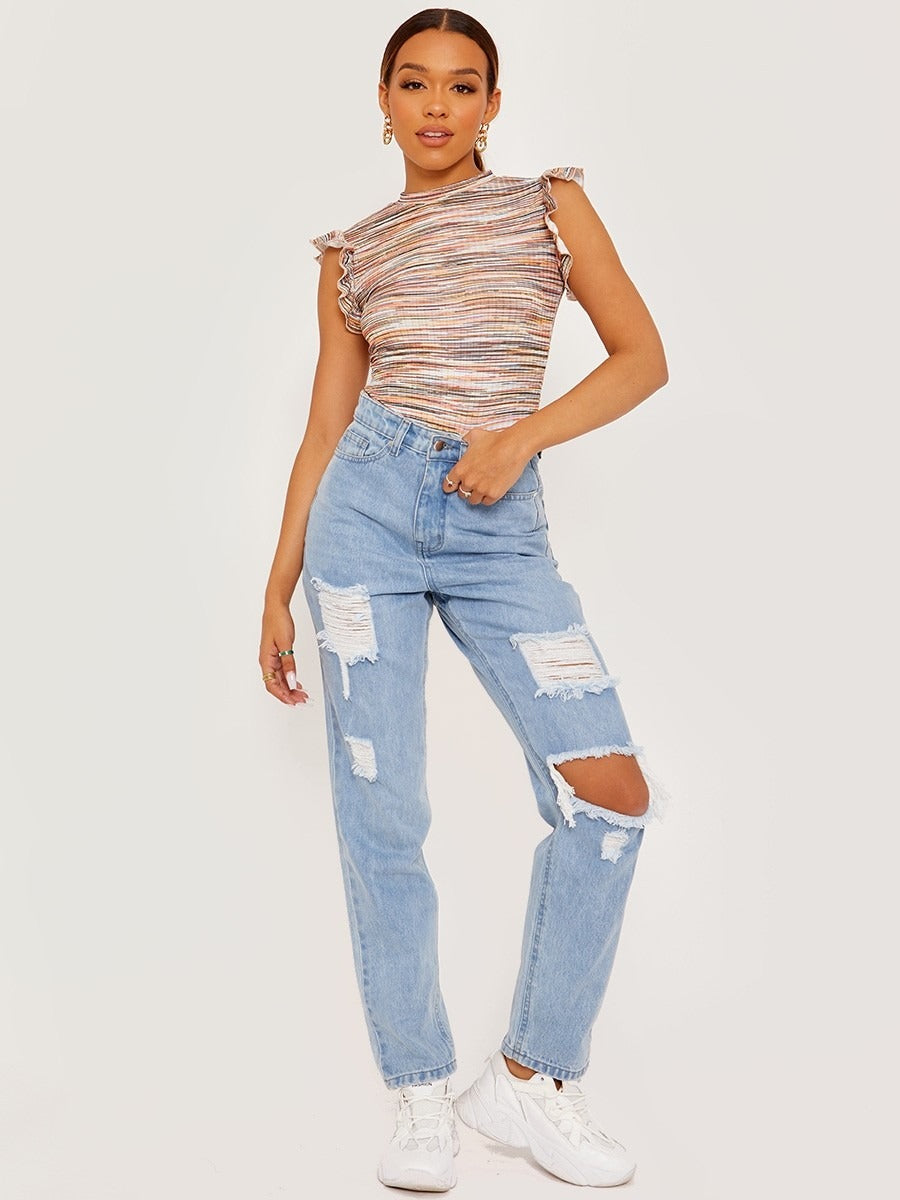 Orange Multi Coloured Ribbed Bodysuit - Ryleigh - Storm Desire