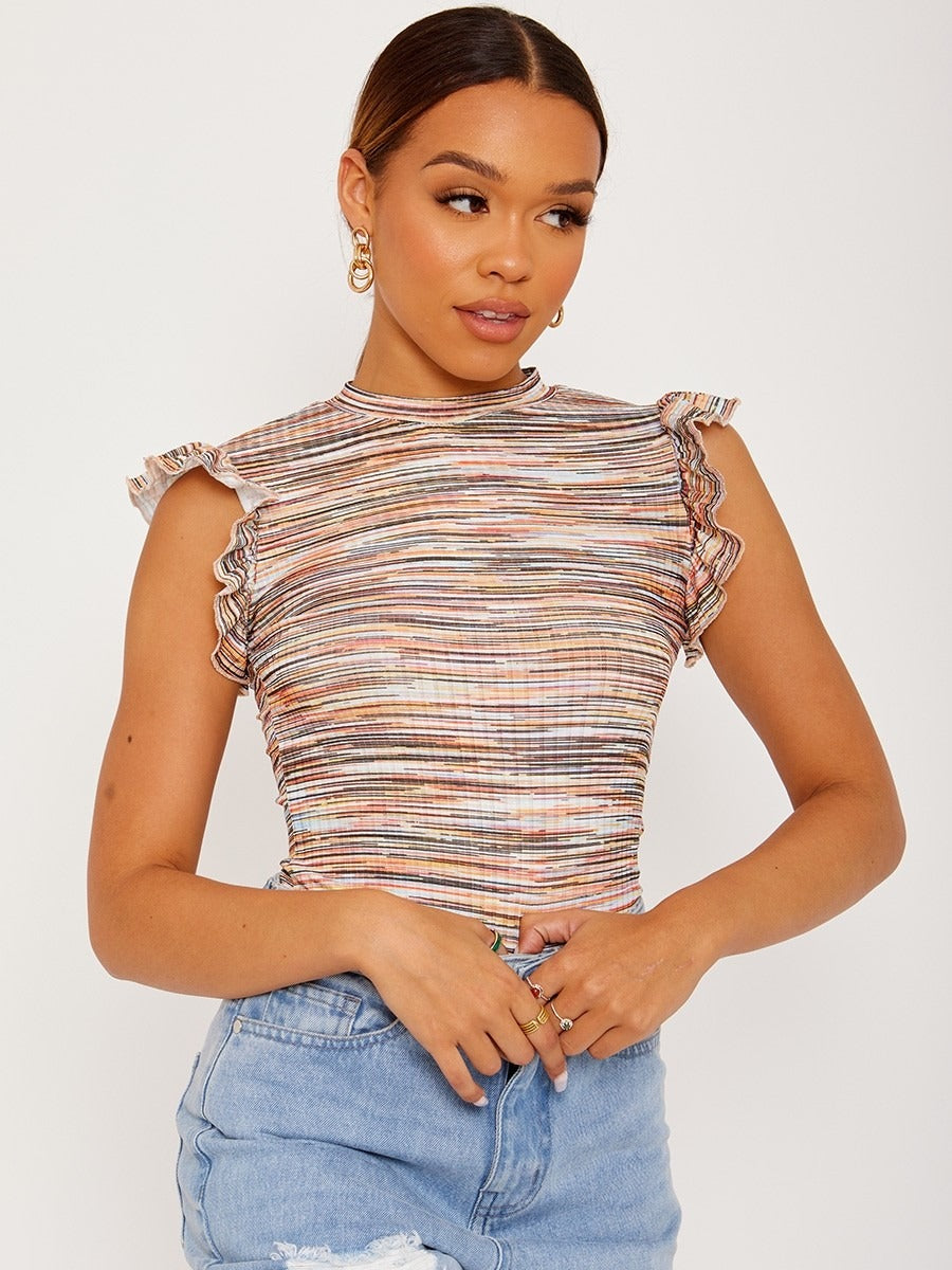Orange Multi Coloured Ribbed Bodysuit - Ryleigh - Storm Desire