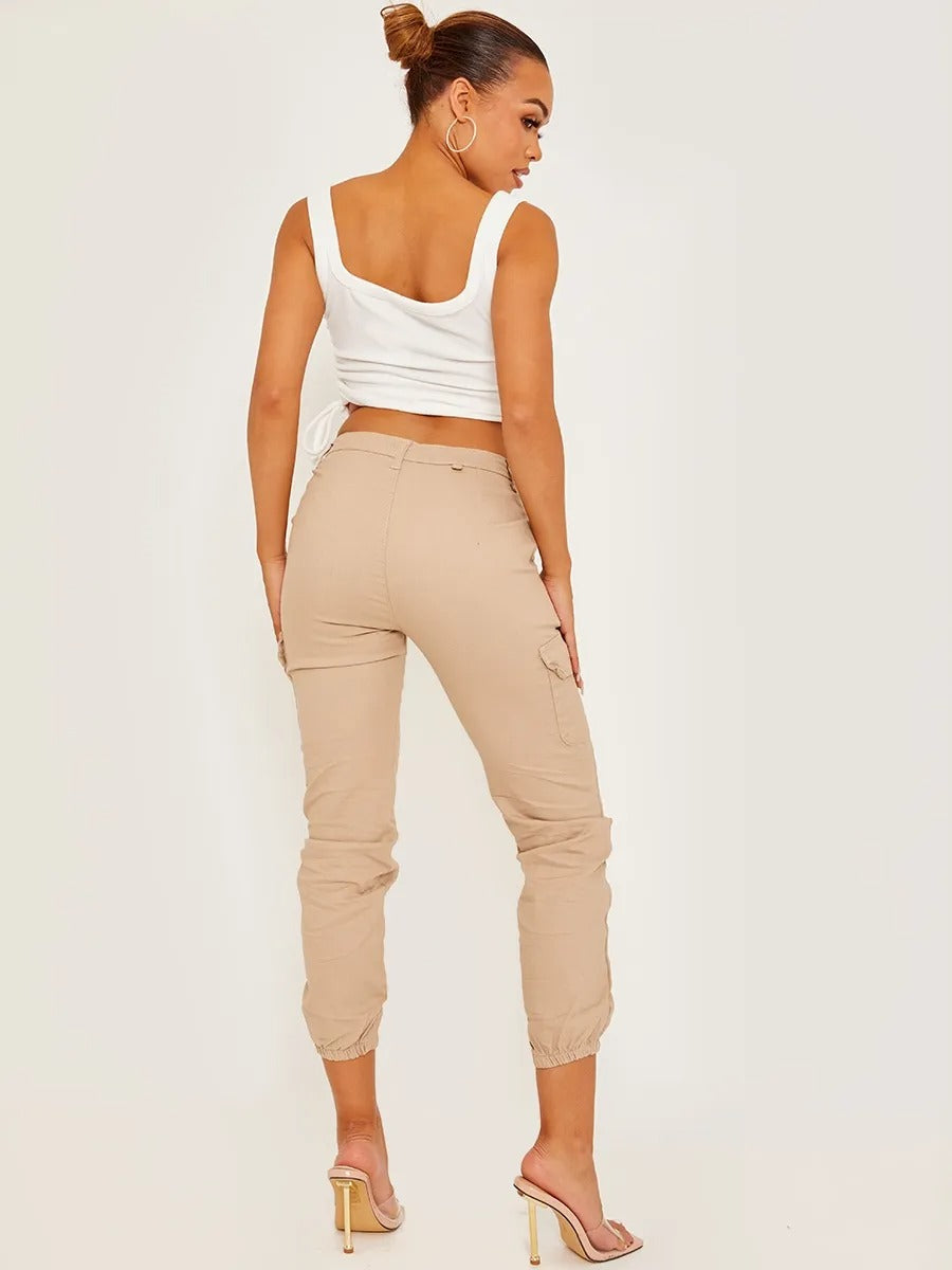 Beige Cuffed Hem Cargo Trousers - Emely - Storm Desire