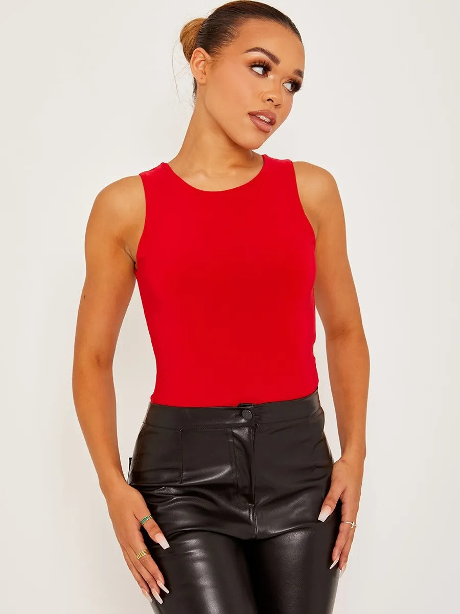 Red Slinky Racer Back Sleeveless Bodysuit - Gabriela - Storm Desire