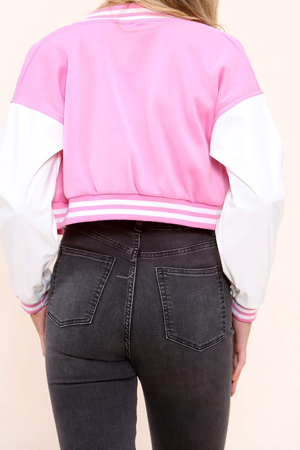 Kids Pink Varsity B Slogan Crop Baseball Jacket - Yasmin - Storm Desire