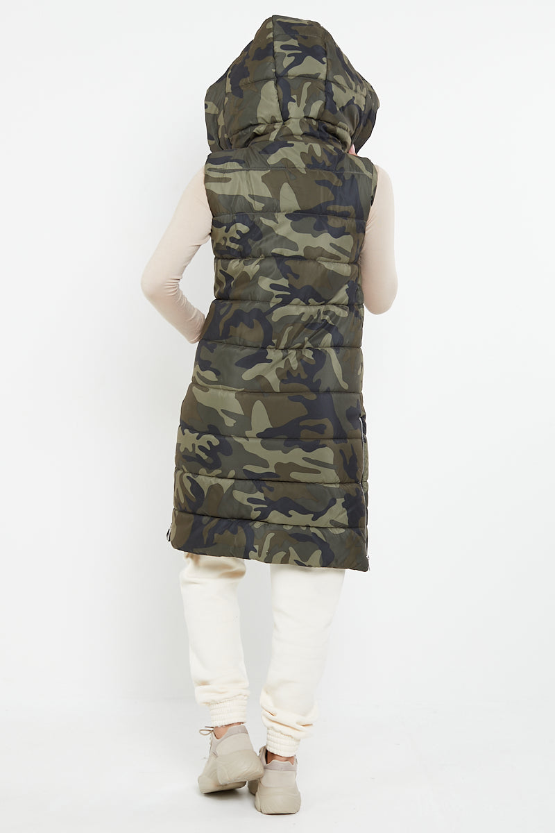 Green Camo Longline Padded Hooded Gilet - Jayla - Storm Desire