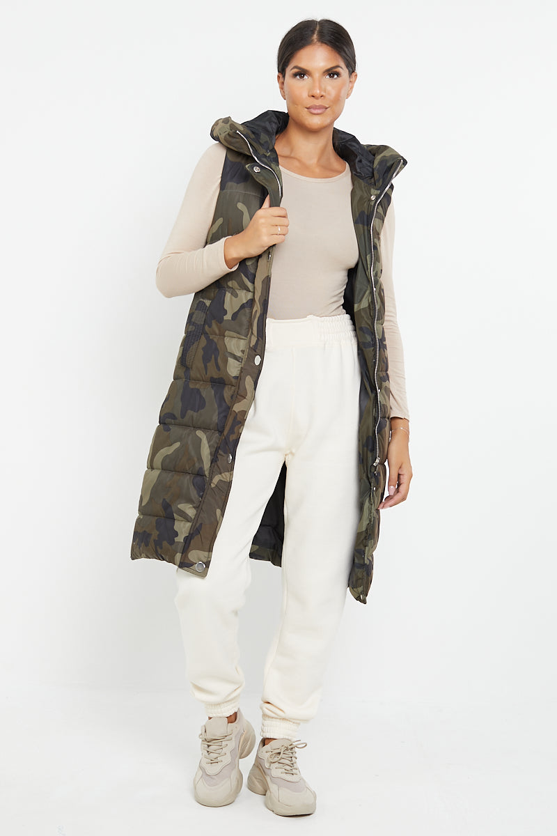 Green Camo Longline Padded Hooded Gilet - Jayla - Storm Desire
