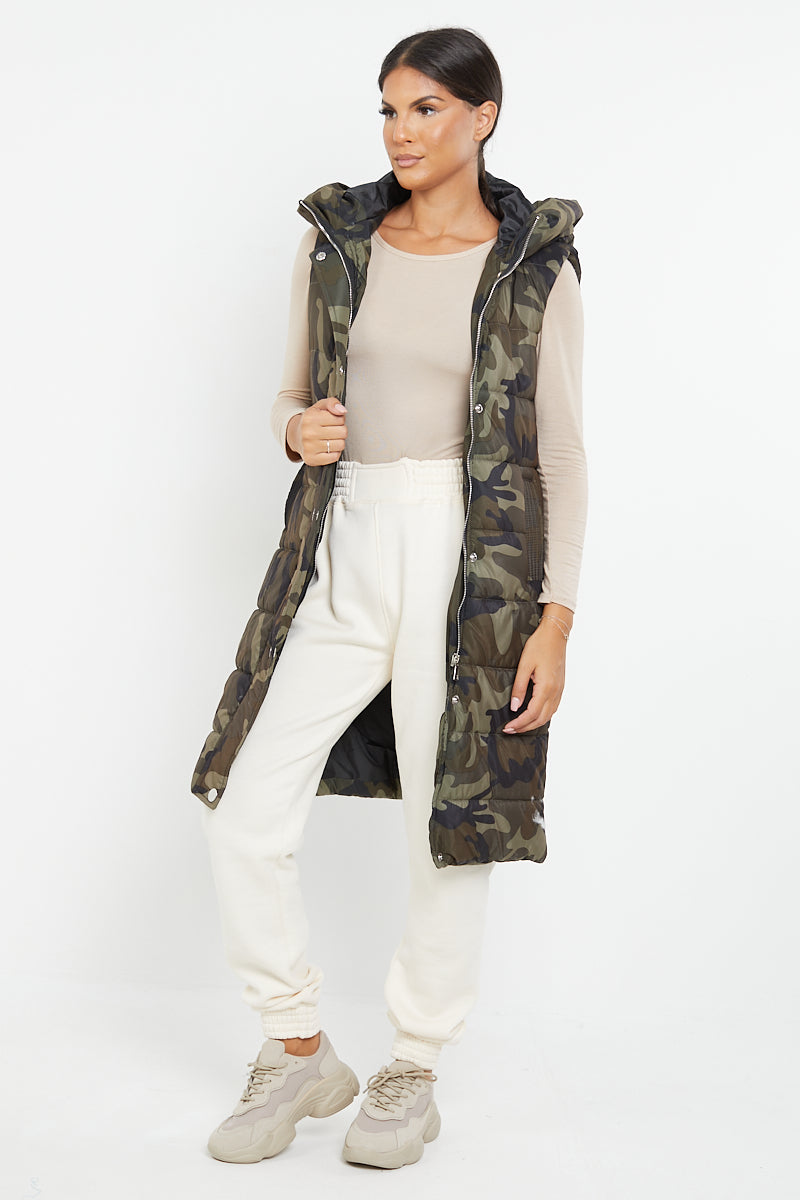 Green Camo Longline Padded Hooded Gilet - Jayla - Storm Desire