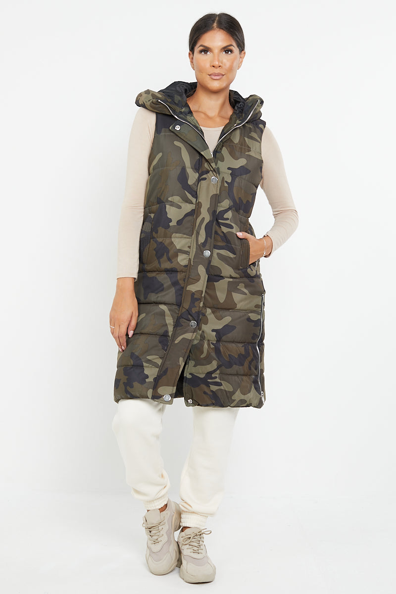 Green Camo Longline Padded Hooded Gilet - Jayla - Storm Desire