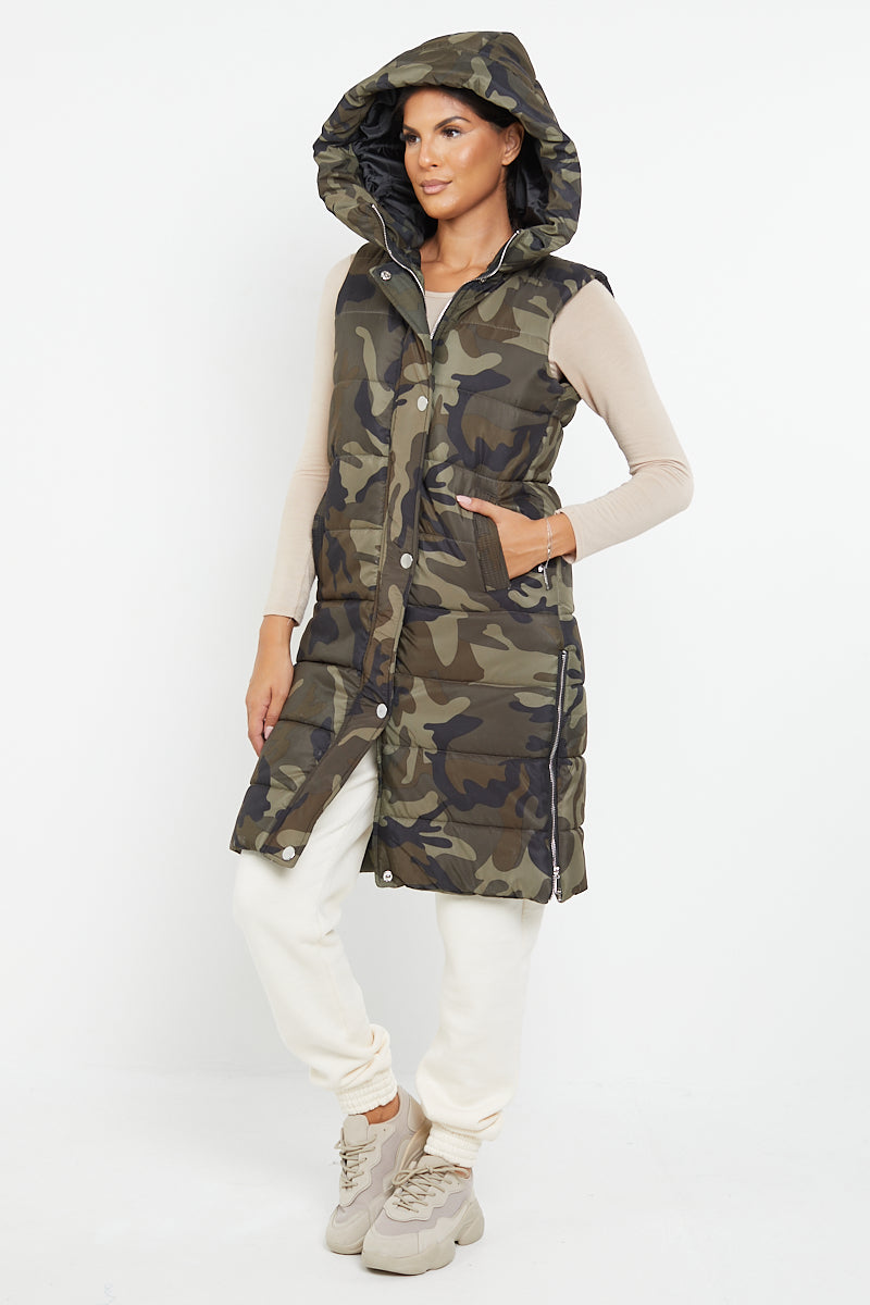 Green Camo Longline Padded Hooded Gilet - Jayla - Storm Desire