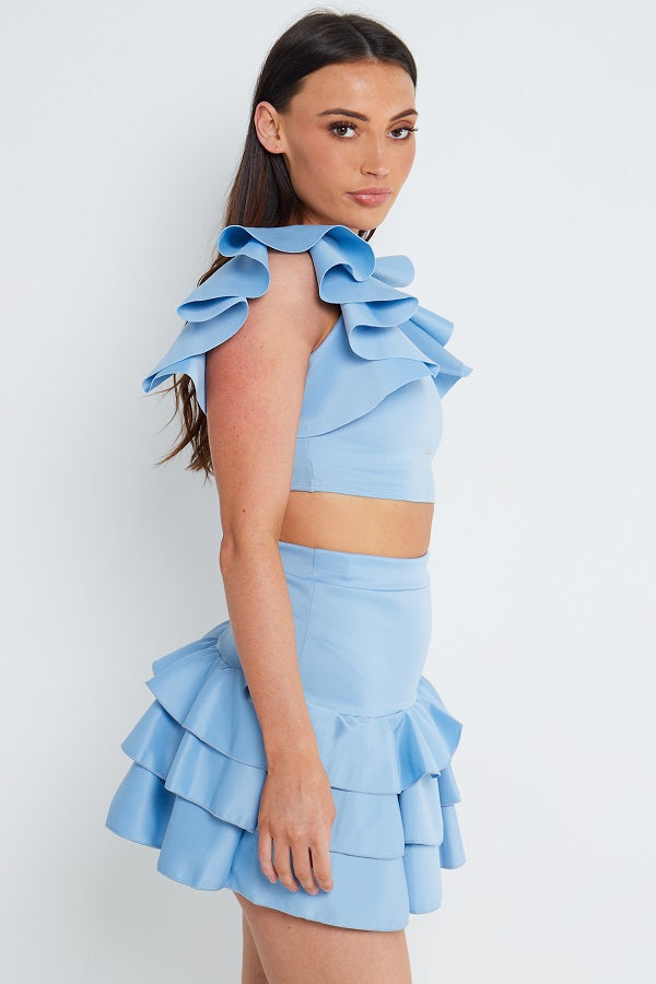 Blue Two Piece Top Frill & Rara Skirt Set - Sophie - Storm Desire