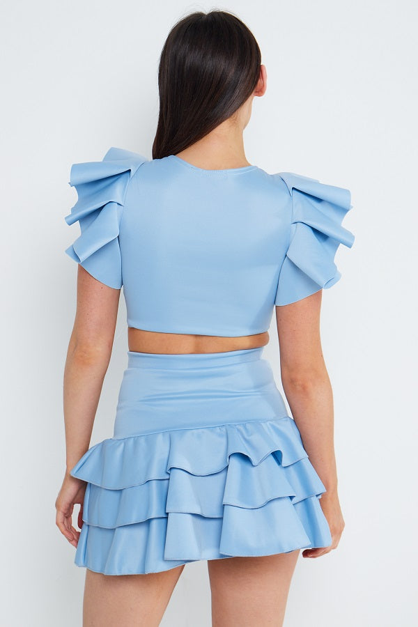 Blue Two Piece Top Frill & Rara Skirt Set - Sophie - Storm Desire