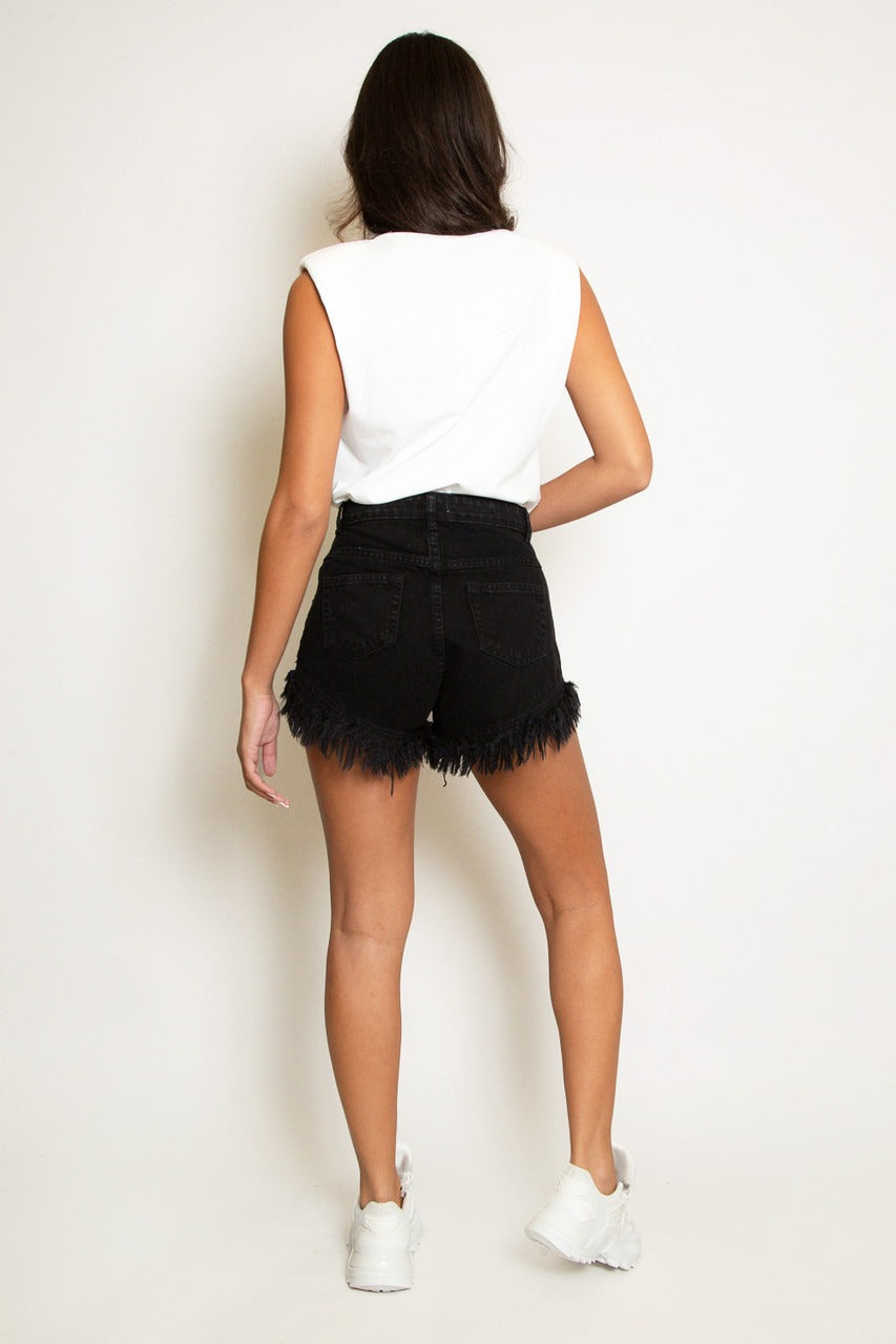 Black Denim Diamante Frayed Mid Rise Shorts - Dayana - Storm Desire