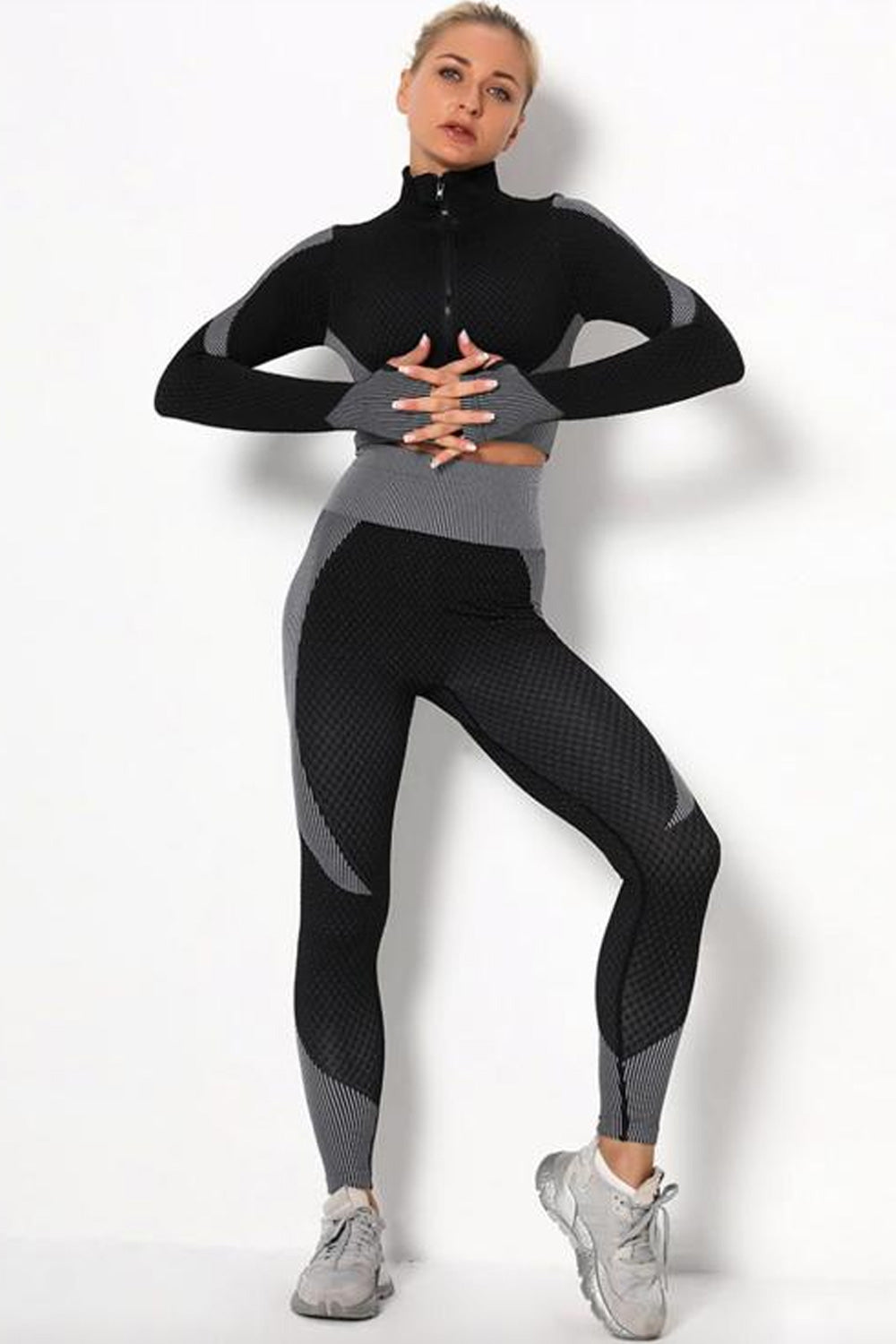Black Grey Textured Active Jacket Top & Pants Set - Storm Desire