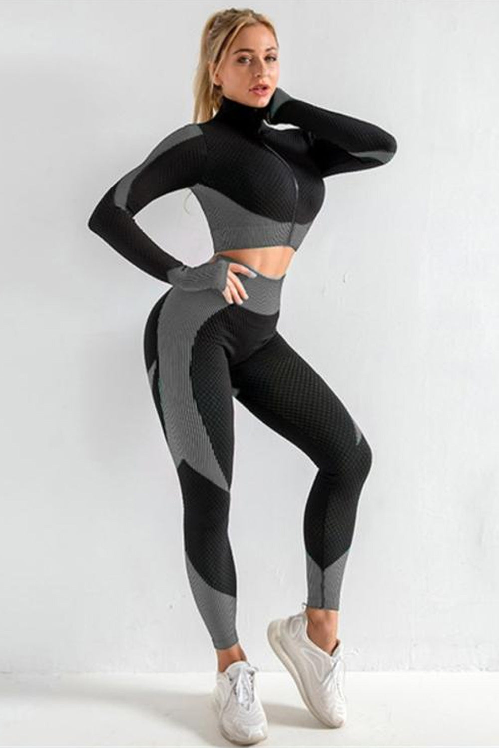 Black Grey Textured Active Jacket Top & Pants Set - Storm Desire