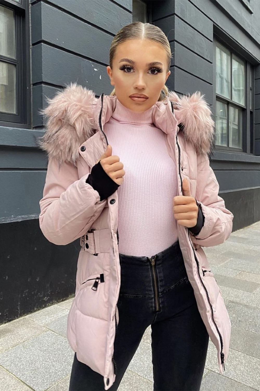 Pink Chunky Faux Fur Hood Padded Puffer Jacket - Lucy - Storm Desire