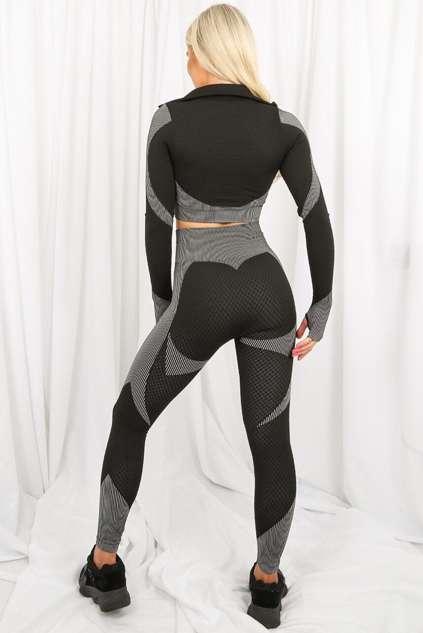 Black Grey Textured Active Jacket Top & Pants Set - Storm Desire