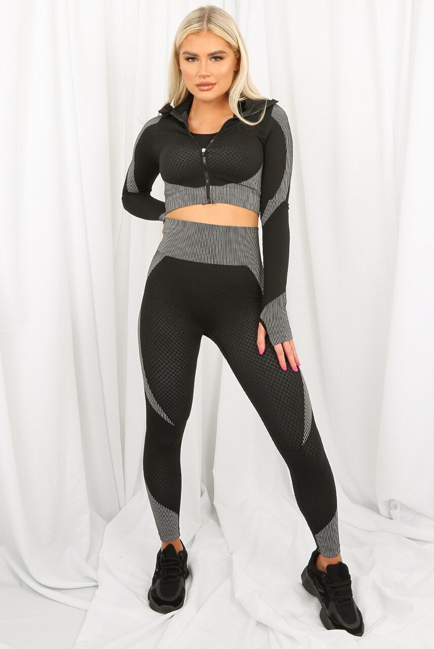 Black Grey Textured Active Jacket Top & Pants Set - Storm Desire