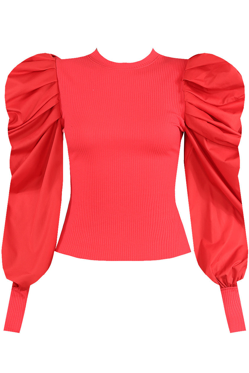 Red Oversize Puff Sleeve Ribbed Top - Courtney - Storm Desire
