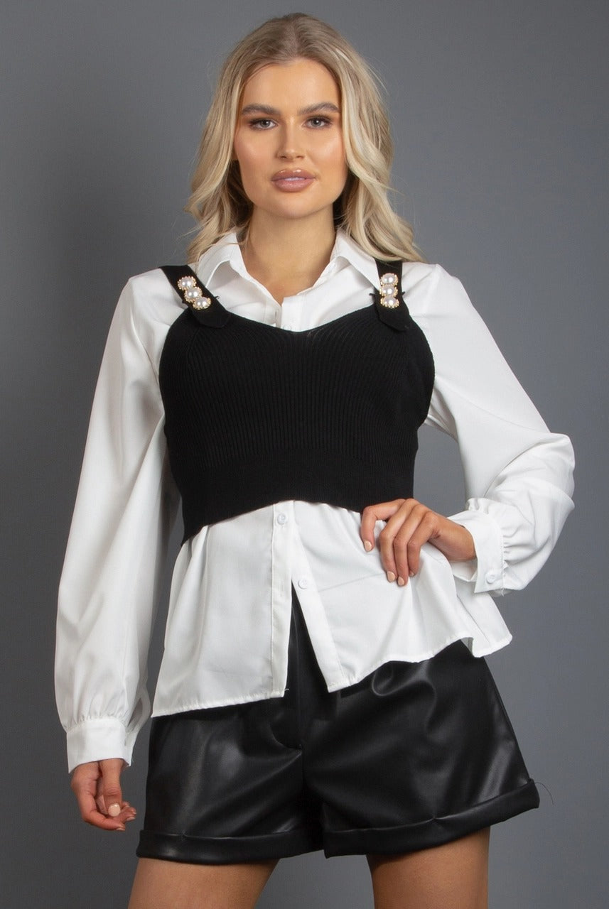 Black White Two Piece Ribbed Crop Shirt - Palmer - Storm Desire