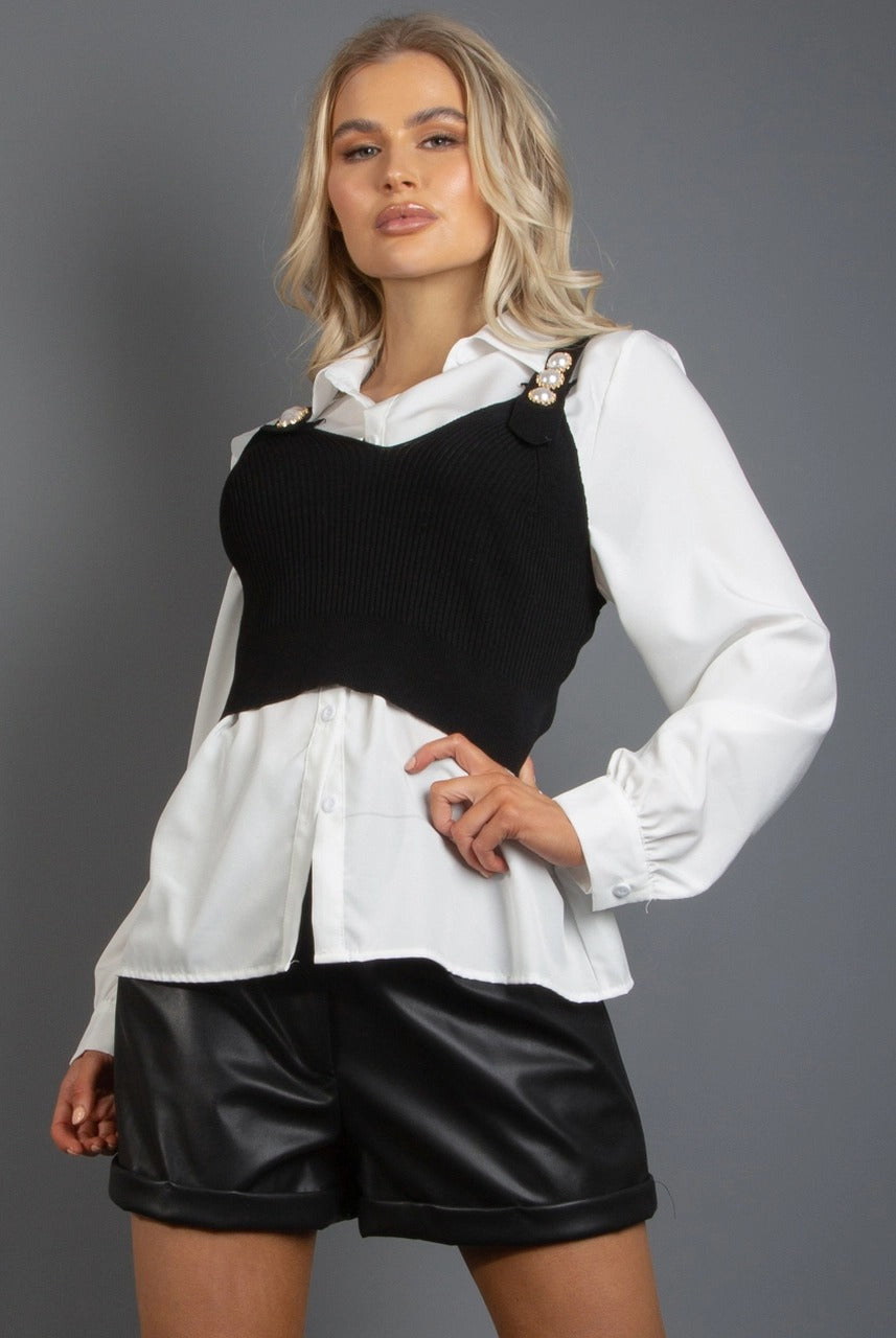 Black White Two Piece Ribbed Crop Shirt - Palmer - Storm Desire