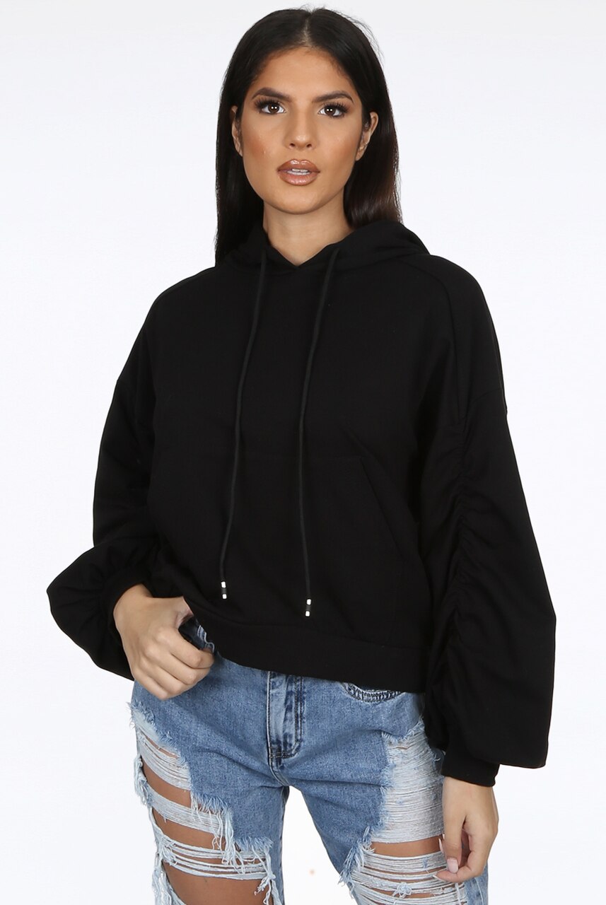 Ruched Sleeve Hooded Sweatshirt - Kora - Storm Desire