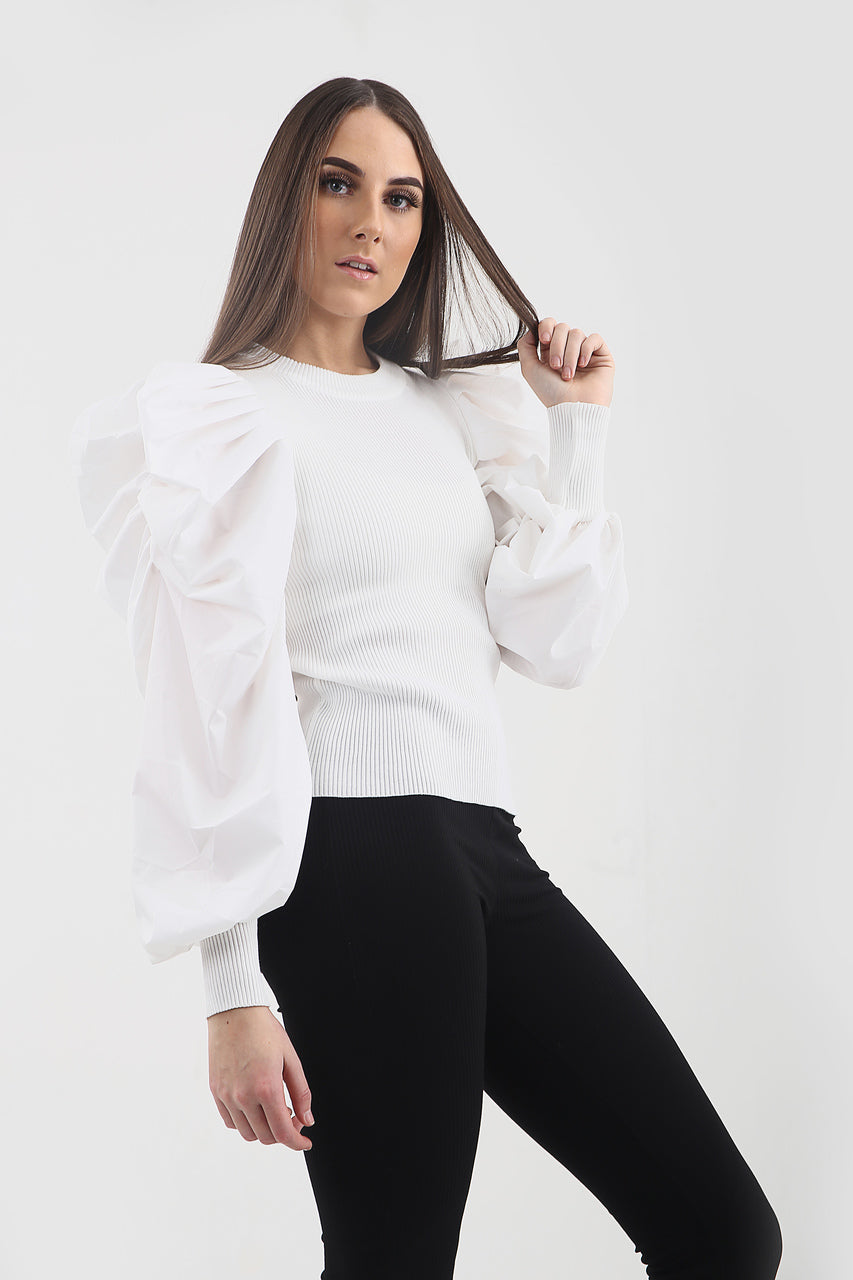 White Oversize Puff Sleeve Ribbed Top - Courtney - Storm Desire