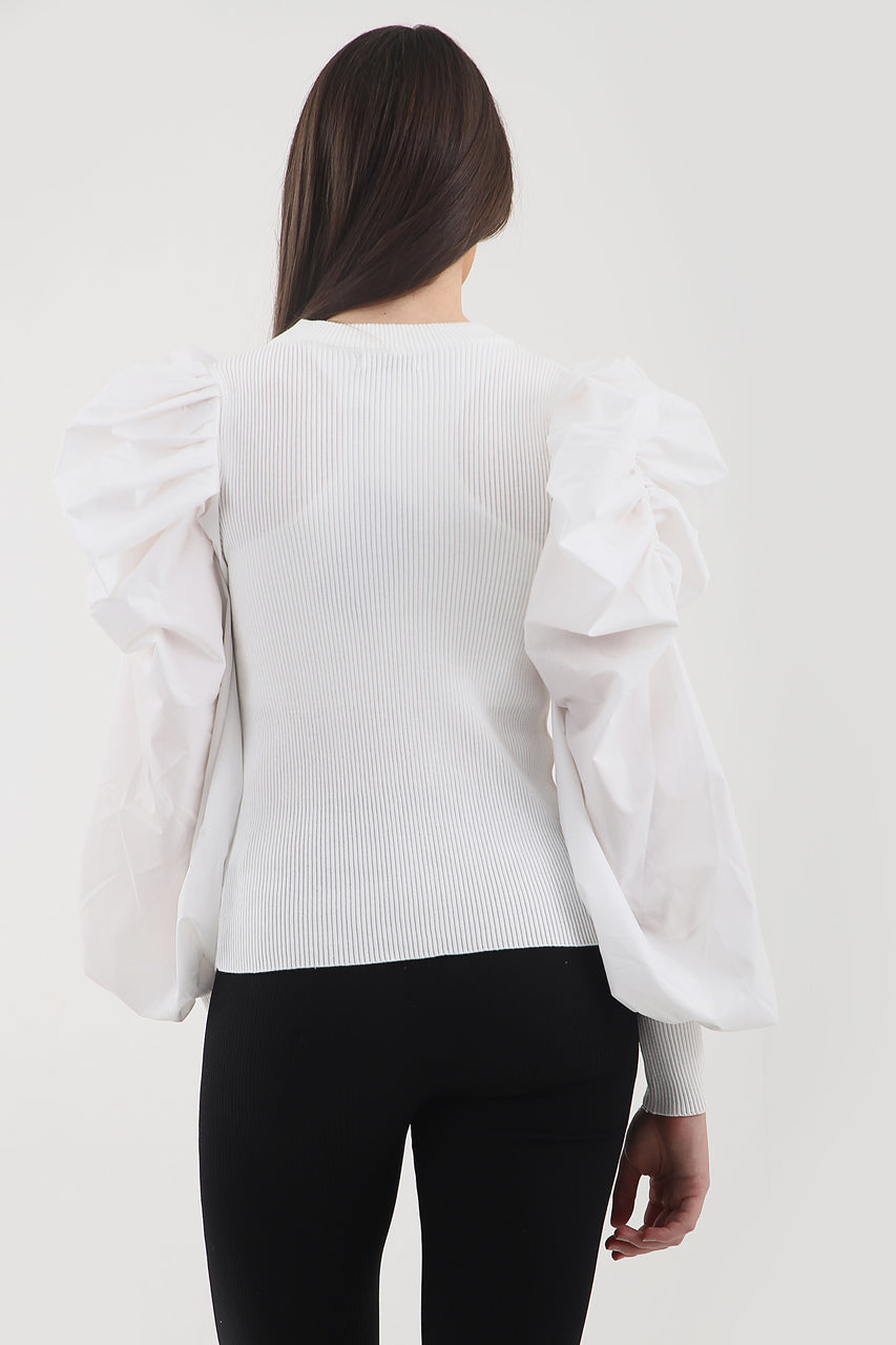 White Oversize Puff Sleeve Ribbed Top - Courtney - Storm Desire