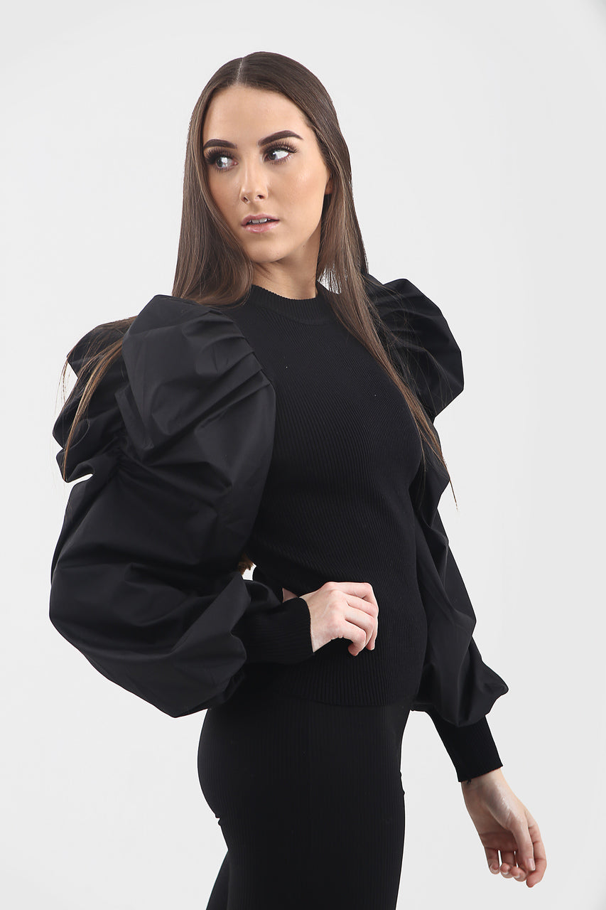 Black Oversize Puff Sleeve Ribbed Top - Courtney - Storm Desire
