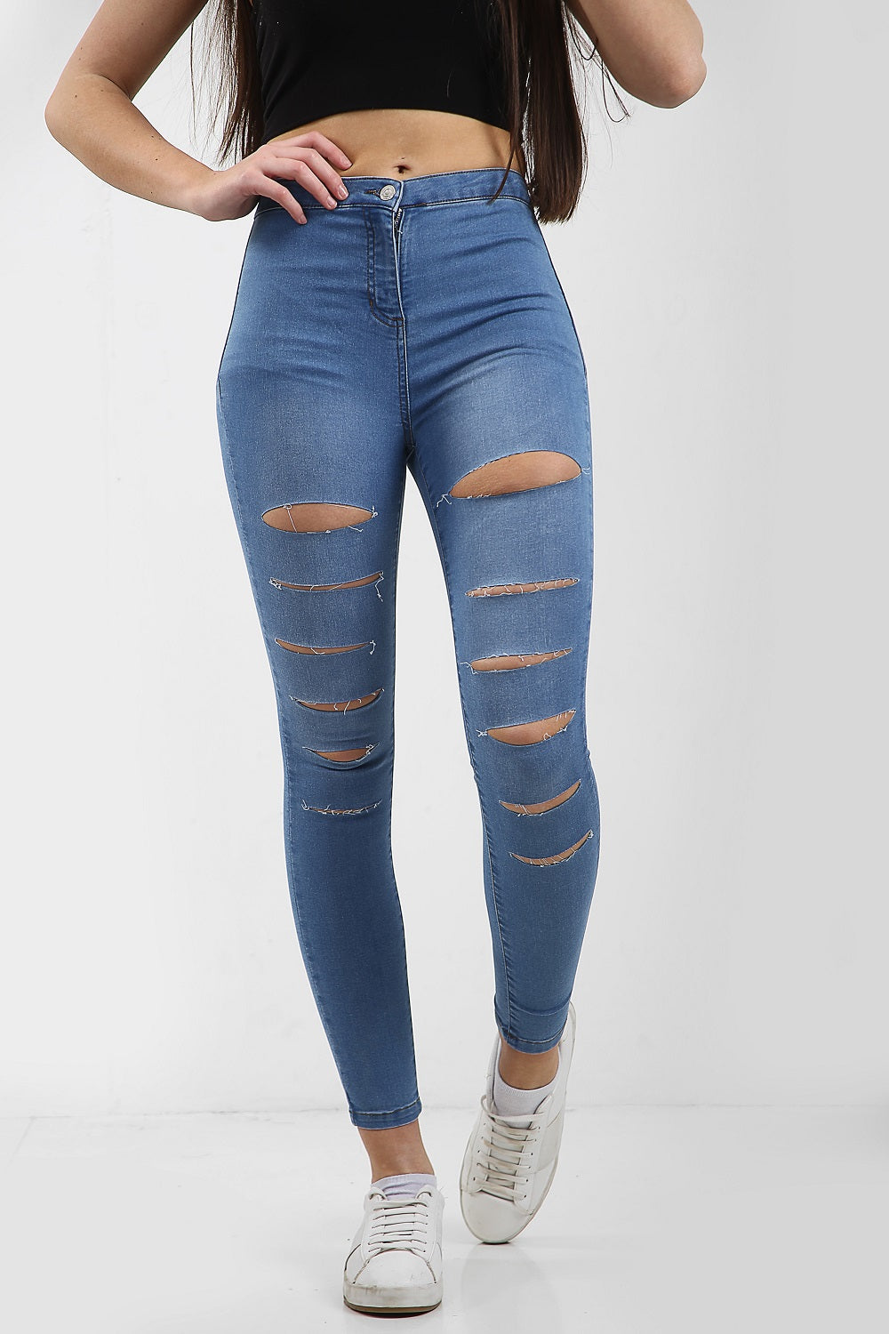 Mid Blue Multi Slash High Waist Jeans - Ava - Storm Desire