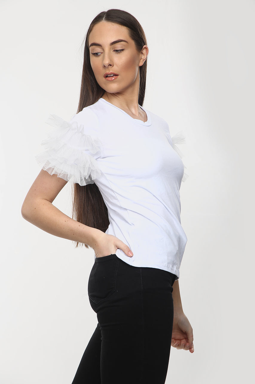 White Mesh Sleeve T-Shirt - ELLIE - Storm Desire