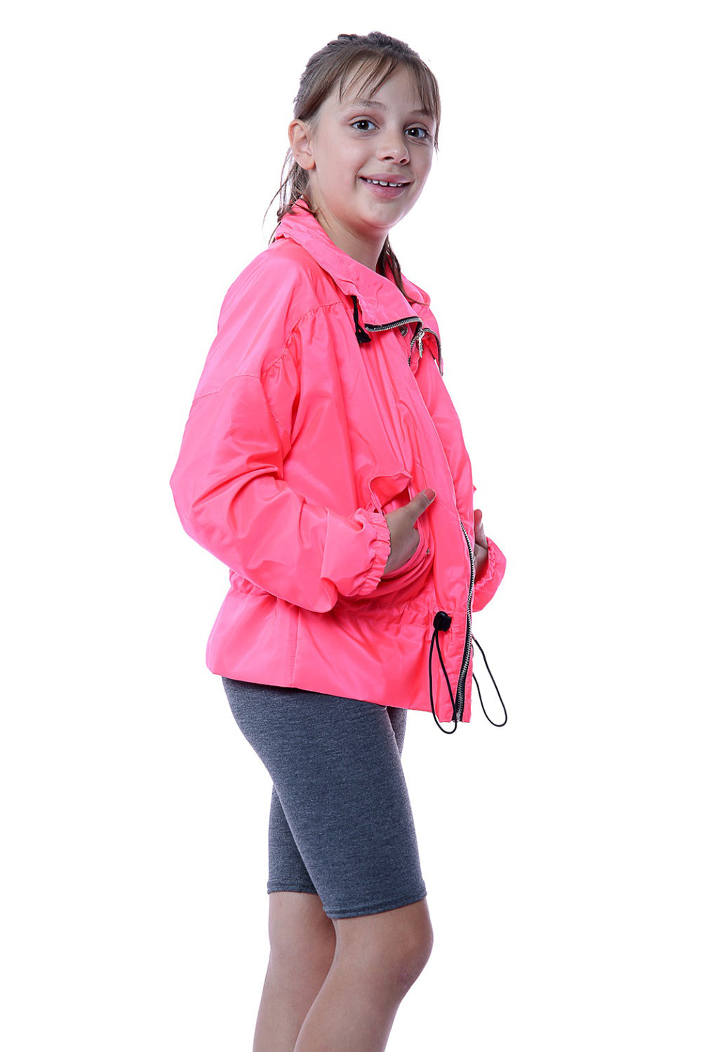 Kids Neon Pink High Neck Hooded Festival Jacket - Parker - Storm Desire