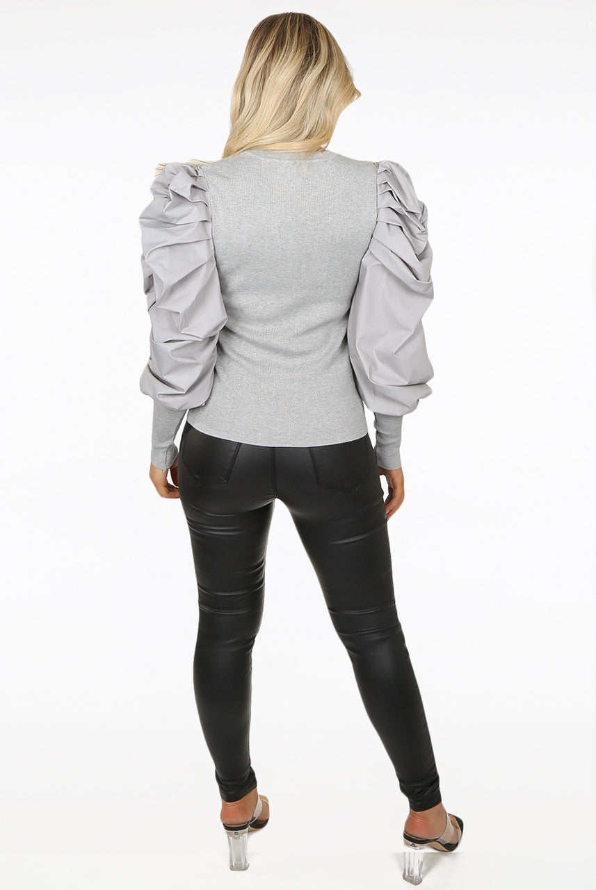 Grey Oversize Puff Sleeve Shell Ribbed Top - Courtney - Storm Desire