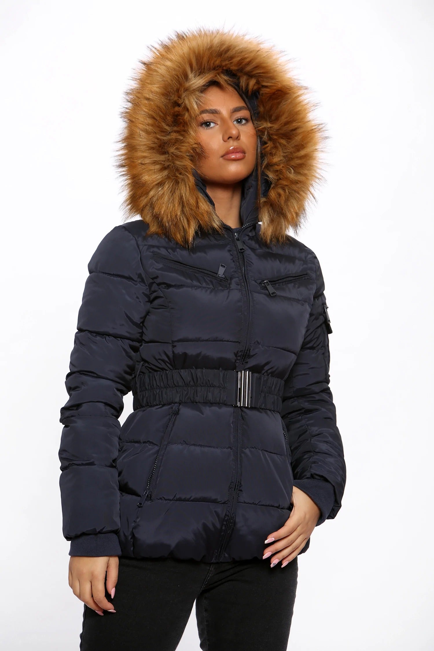 Navy Blue Belted Faux Fur Hood Quilted Puffer Jacket - Gracie - Storm Desire