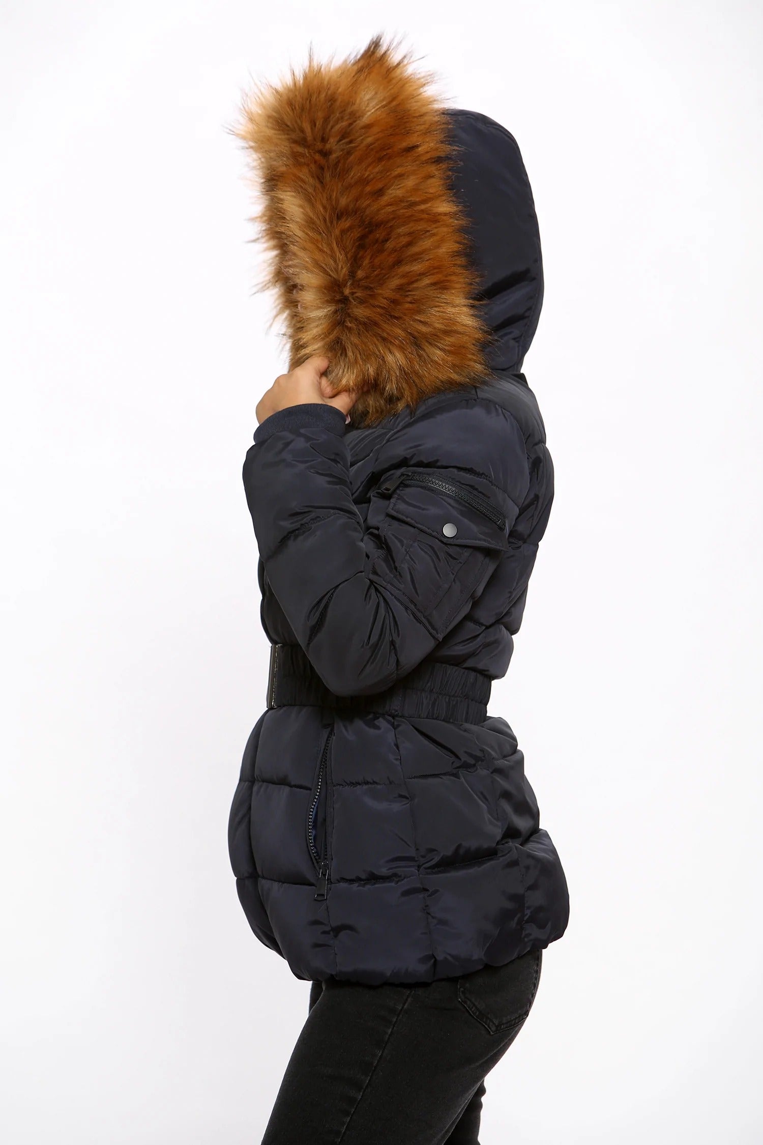 Navy Blue Belted Faux Fur Hood Quilted Puffer Jacket - Gracie - Storm Desire