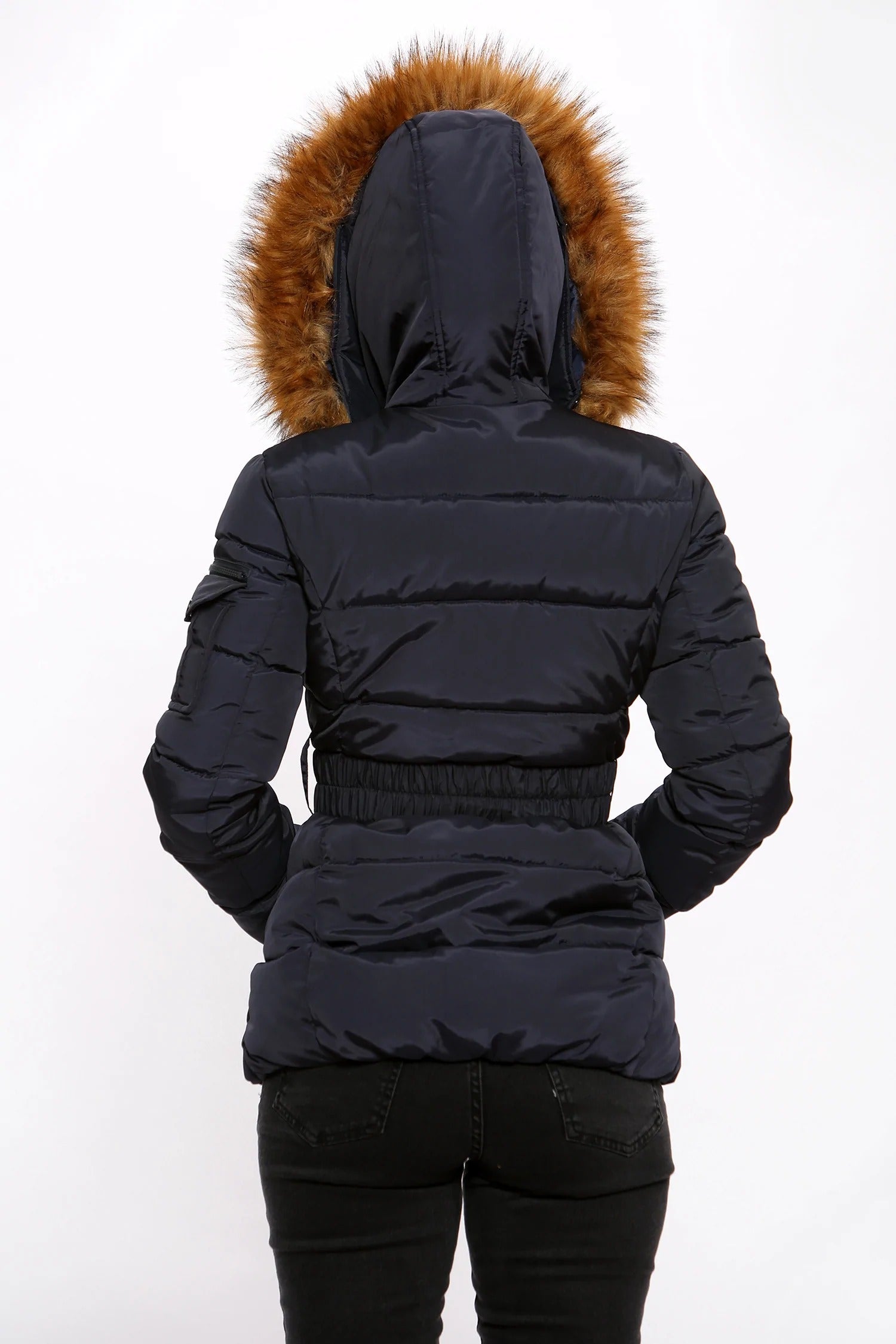 Navy Blue Belted Faux Fur Hood Quilted Puffer Jacket - Gracie - Storm Desire